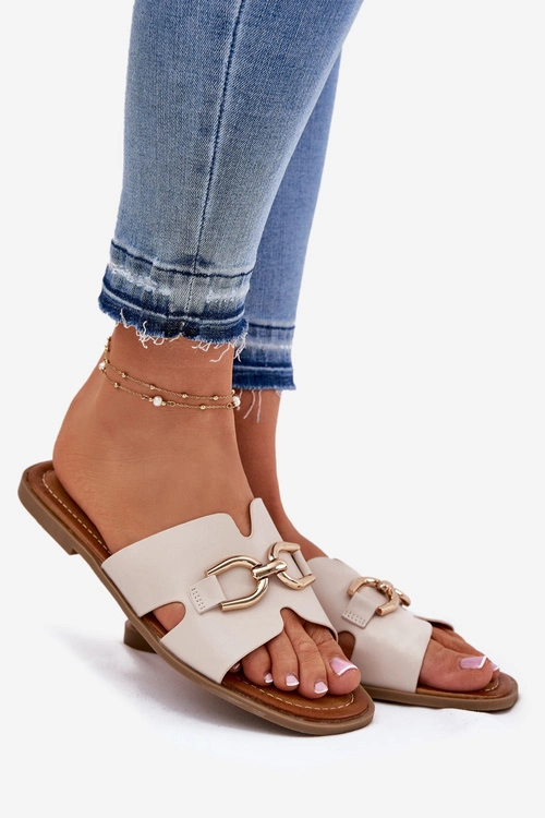 Klapki Damskie Płaskie Z Ozdobnym Detalem Beżowe Amiresna