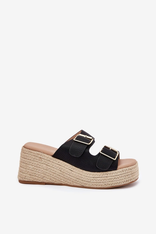 Klapki Damskie Na Koturnie Z Plecionką I Klamrami Czarne Pasinea