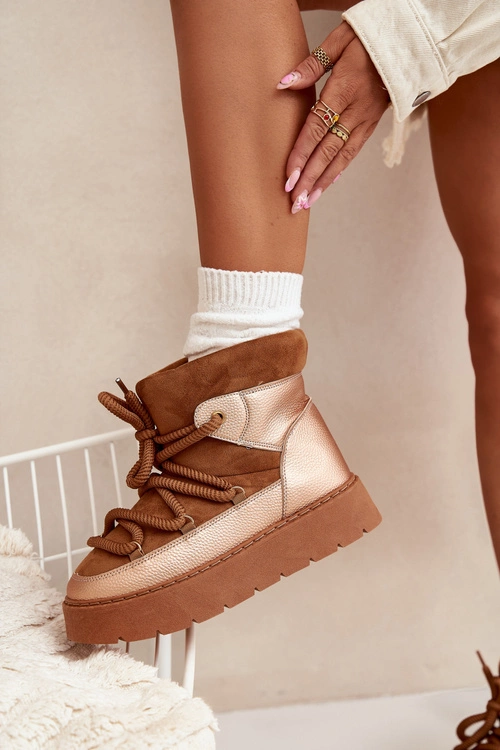 Niskie Śniegowce Damskie Ocieplane Futerkiem Z Grubym Wiązaniem Camel Xarina