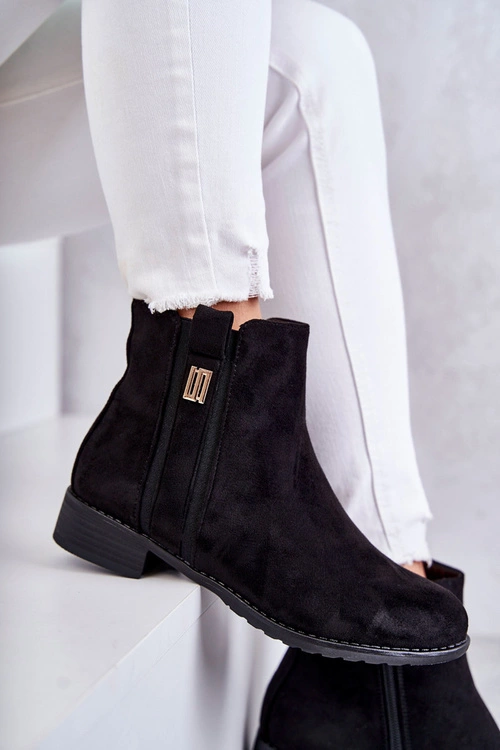 Damskie Zamszowe Botki Z Ozdobą Czarne Giana