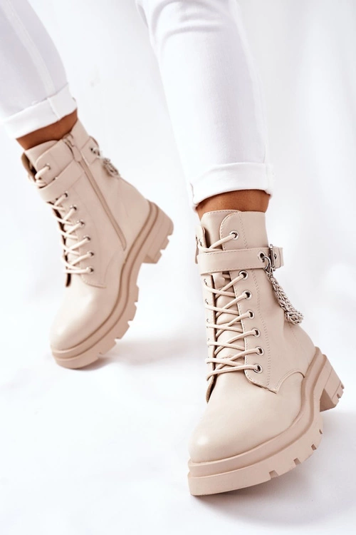 Beżowe Workery Botki z Łańcuchem Midtown