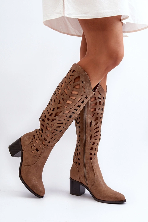 Ażurowe Kozaki Na Obcasie Brązowe Pinkema