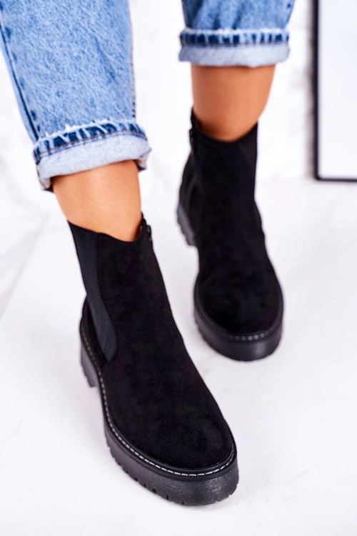 Damskie Botki Sztyblety Na Gumowej Podeszwie Zamszowe Czarne Voyager