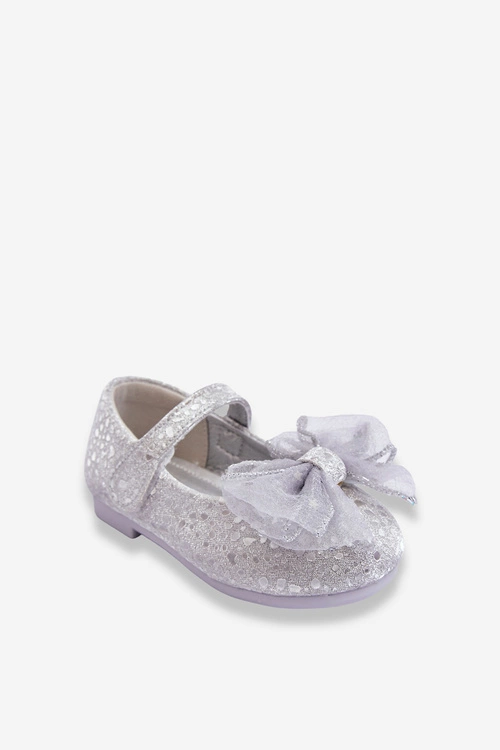Dziecięce Balerinki Z Kokardą I Brokatem Na Rzep Srebrno-Szare Elisa