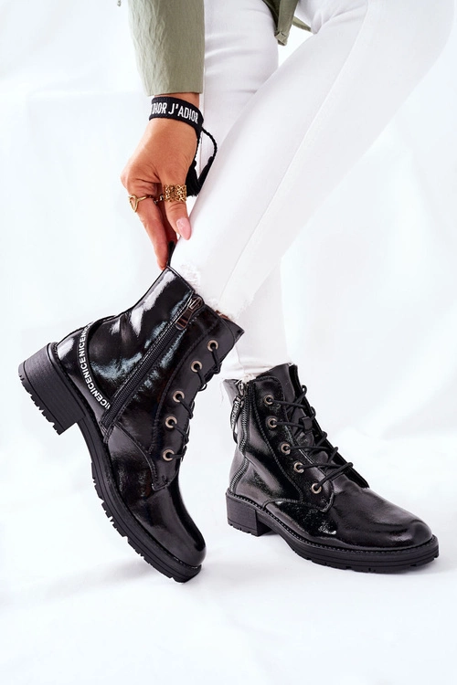 Botki Damskie Workery Lakierowane Czarne Goorey