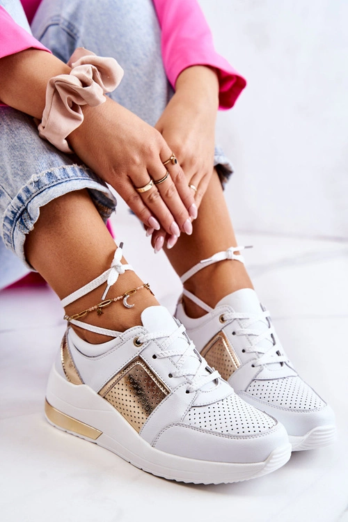 Damskie Skórzane Buty Sportowe Na Koturnie Białe Larson