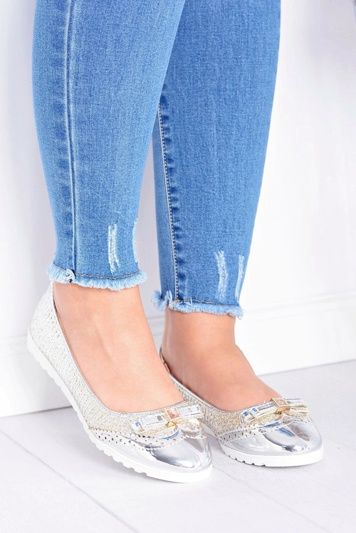 Damskie Srebrne Wsuwane Balerinki Z Kokardką Cleoss