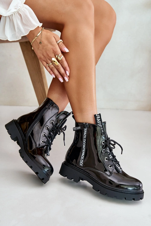 Lakierowane Botki Workery Damskie Ocieplane Z Napisami Czarne Zinfreya