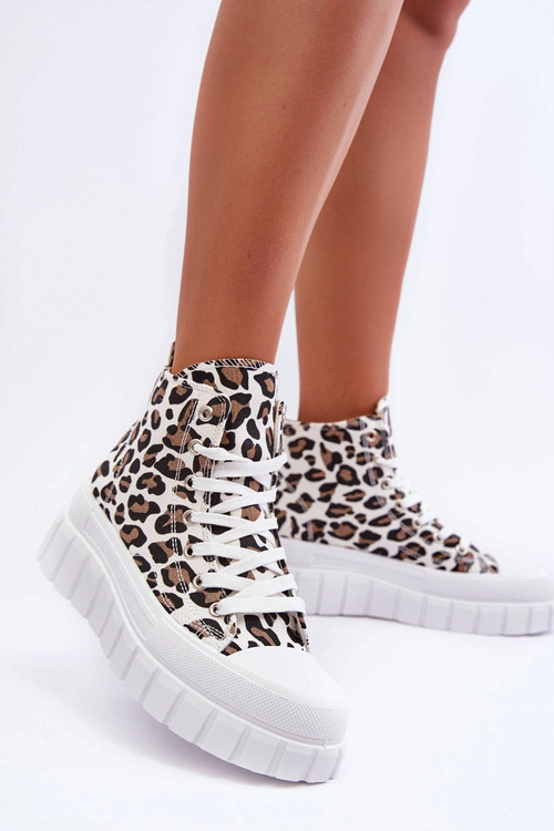 Damskie Wysokie Trampki Wzór Leopard Białe Florensi