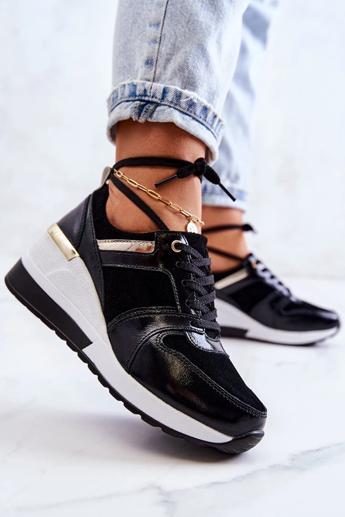 Skórzane Buty Sportowe Na Koturnie Czarno-Białe Rayana