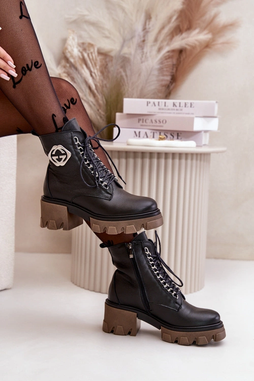 Zazoo 60376 Skórzane Ocieplane Botki Na Suwak Czarne