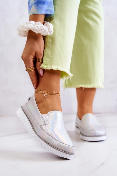 Damskie Skórzane Tenisówki Slip-On S.Barski Holograficzne Srebrne