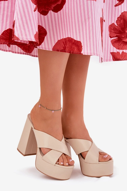 Klapki Damskie Na Platformie I Słupku Beżowe Lenobos