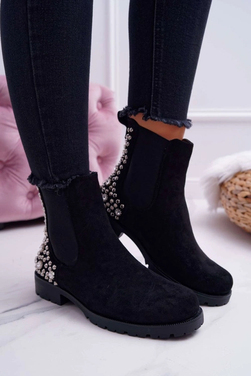Botki Damskie Płaski Obcas Dżety Ćwieki Czarne Binary