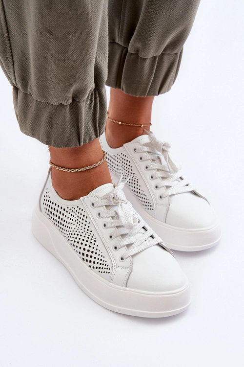 Skórzane Sneakersy Damskie Na Platformie Białe S.Barski LR505