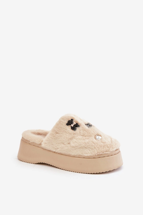 Futrzane Kapcie Damskie Na Grubej Podeszwie Z Przypinkami Beżowe Zintoria