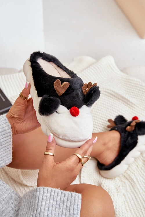 Futrzane Kapcie Damskie Z Motywem Renifera Czarne Wistira