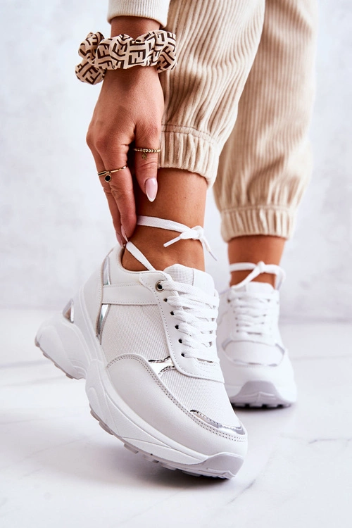 Damskie Błyszczące Buty Sportowe Na Koturnie Białe Activity