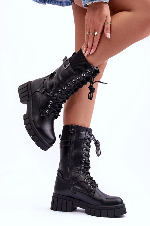 Skórzane Damskie Wysokie Botki Workery Czarne Madit