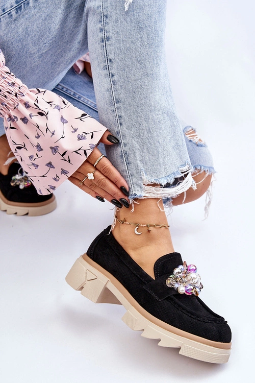 Damskie Półbuty Mokasyny Z Ozdobami Czarne Issac