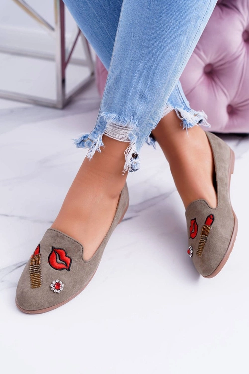 Oliwkowe Damskie Baleriny Naszywki Lipstick