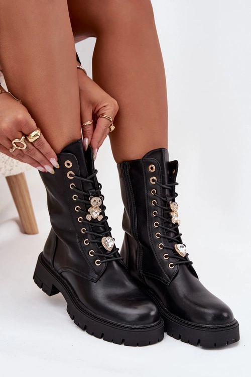 Botki Workery Damskie Z Przypinkami Ocieplane Czarne Lomina