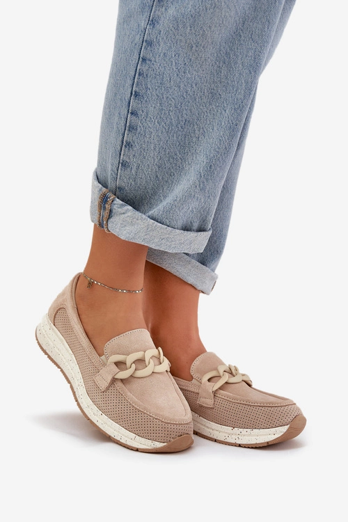 Zamszowe Mokasyny Na Platformie Z Łańcuchem D&A TW552 Beżowe
