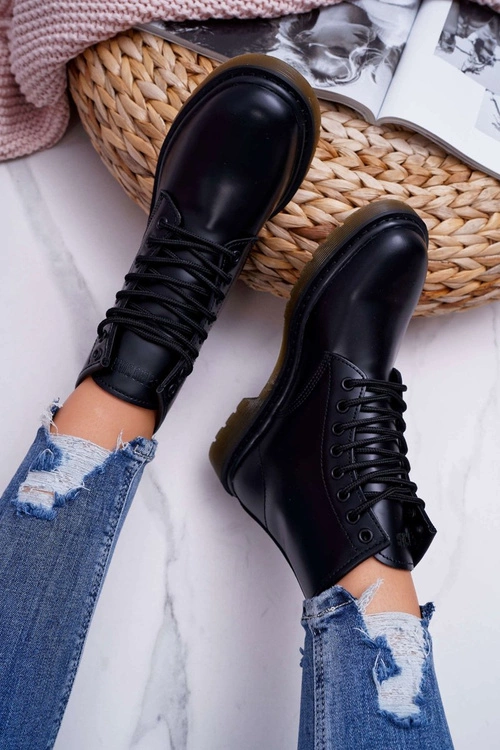 Damskie Botki Trapery Glany Big Star Skórzane Czarne EE274001