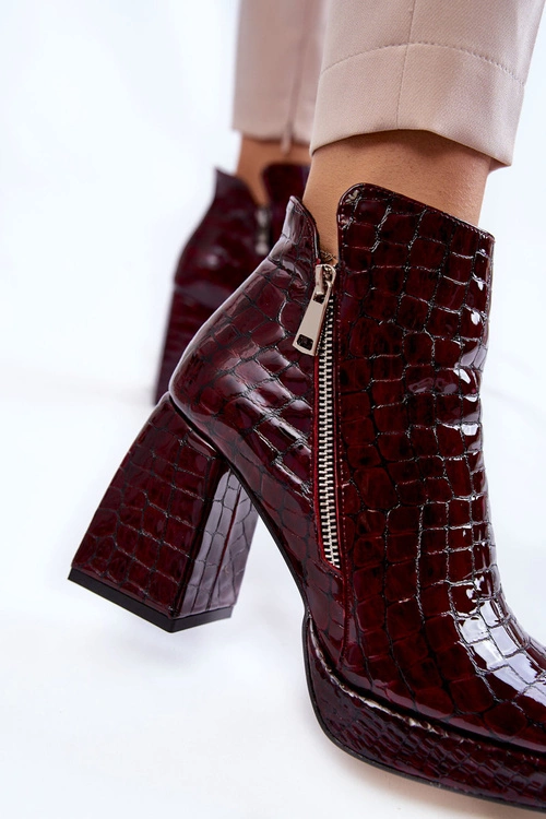 Skórzane Botki Na Obcasie Krokodyli Wzór Bordowe Alienore