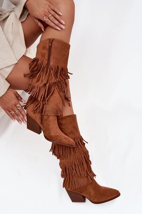 Ocieplane Kozaki Kowbojki Damskie Z Frędzlami Camel Brivina