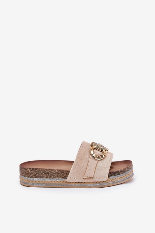 Klapki Damskie Na Platformie Z Brokatem I Złotą Ozdobą Beżowe Rilirea