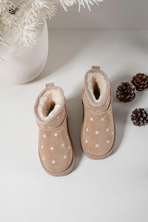 Śniegowce Dziecięce Ozdobione Kwiatuszkami Beżowe Gracina