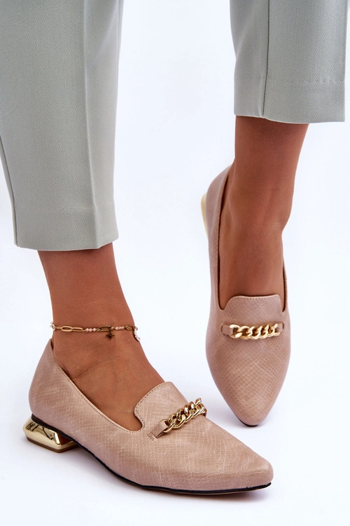 Skórzane Baleriny Na Płaskim Obcasie Z Łańcuchem Beżowe Lanez