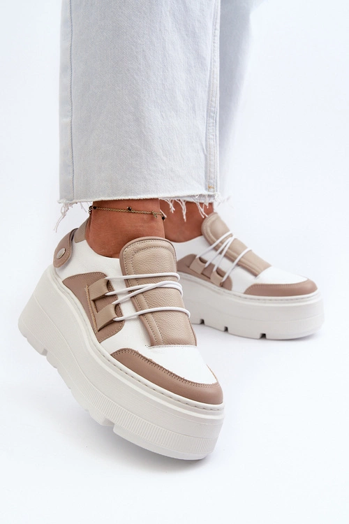 Zazoo 1833 Sneakersy Damskie Skórzane Na Masywnej Podeszwie Beżowo-Białe
