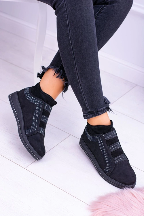 Zamszowe Czarne Damskie Obuwie Sportowe z Cyrkoniami Petite