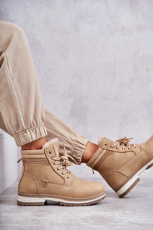 Damskie Ocieplane Botki Trapery Ciemny Beż Liv