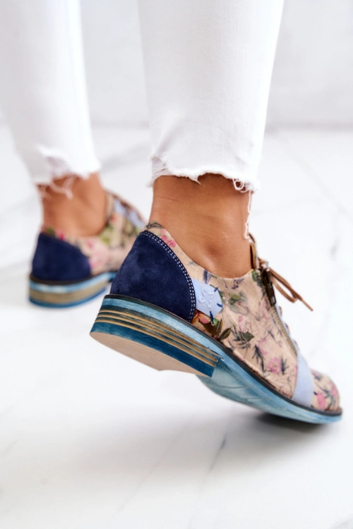 Damskie Skórzane Półbuty W Kwiaty Maciejka 5096A-34 Niebieskie