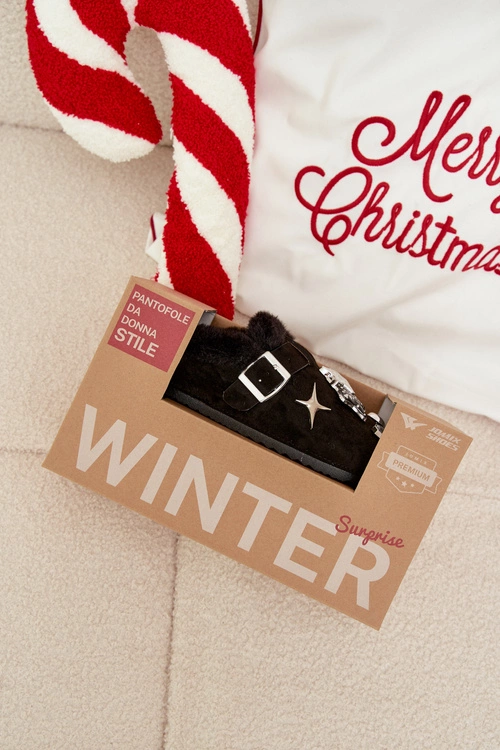 Kapcie Damskie Z Ozdobami I Klamrą Ocieplane Futerkiem Czarne Thalora