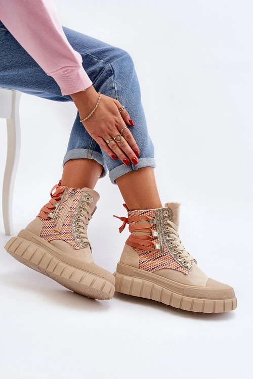 Wysokie Trampki Damskie Na Masywnej Platformie Beżowe Kernia