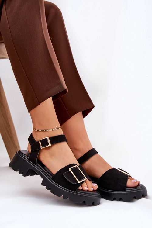 Eko Zamszowe Sandały Damskie Z Klamrą Czarne Gofielle
