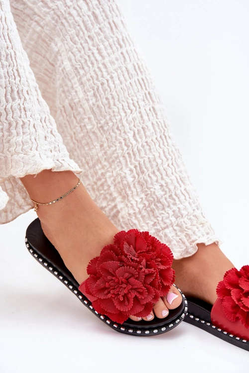 Klapki Damskie Z Materiałowymi Kwiatami Czerwone Elachase
