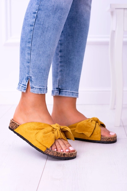 Żółte Damskie Klapki Z Kokardami Na Korku Sunshine