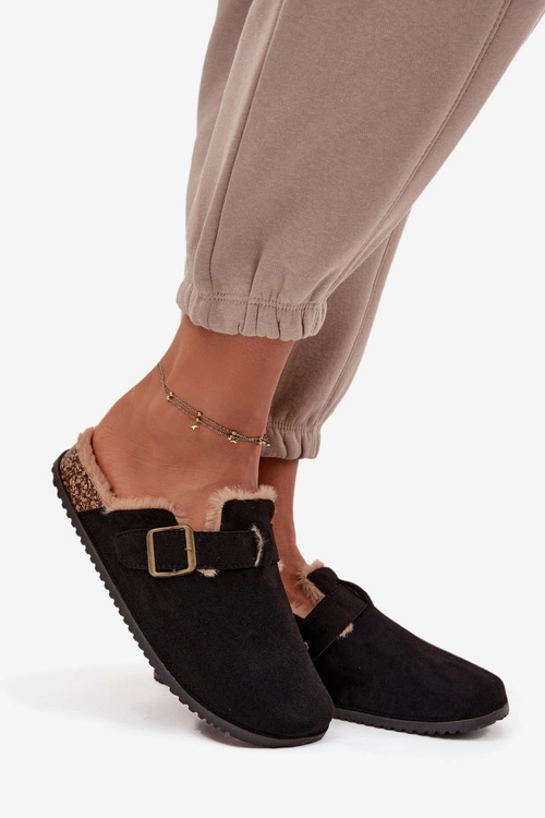 Klapki Chodaki Damskie Ocieplane Futerkiem Z Klamrą Czarne Sylisse