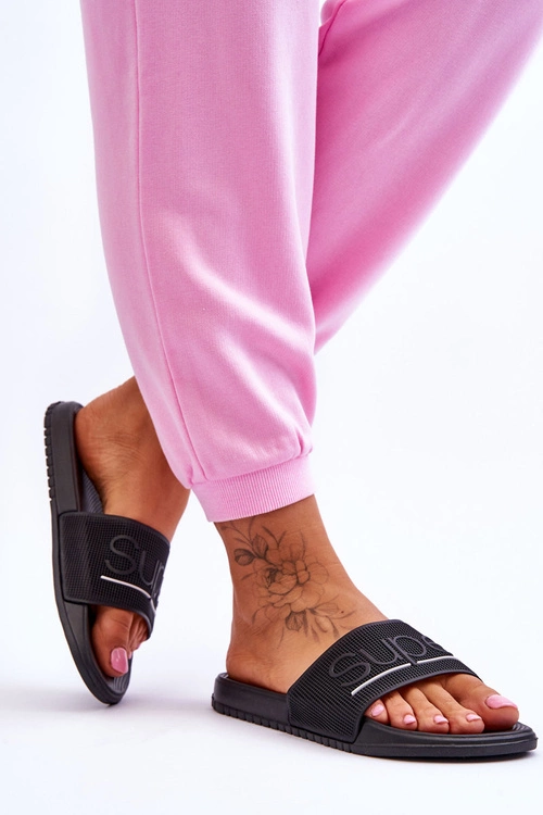 Lekkie Damskie Klapki Z Napisem Czarne Merry