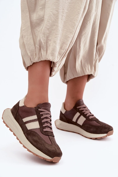 Skórzane Zamszowe Sneakersy Na Platformie Zazoo N1291 Czekoladowe