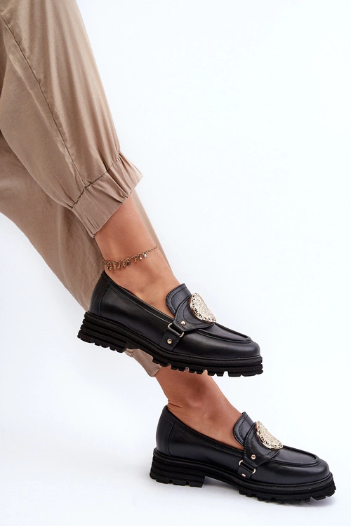 Zazoo 3485 Mokasyny Damskie Ze Złotą Ozdobą Skóra Naturalna