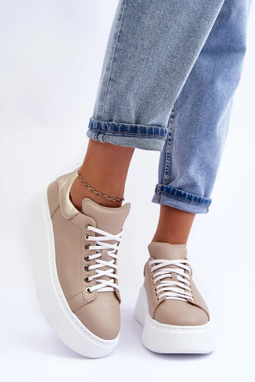 Damskie Buty Sportowe Skórzane na Platformie Beżowe Lemar 10150