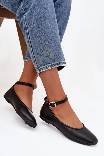 Baleriny Damskie Z Paskiem I Klamrą Czarne Janelor