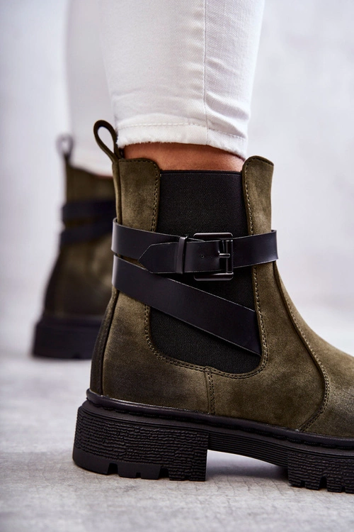 Damskie Ocieplane Botki Sztyblety Z Paskiem Zielone Jose