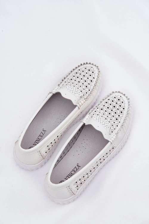 Skórzane Mokasyny Damskie Z Ażurowym Wzorem Vinceza 88028 Białe